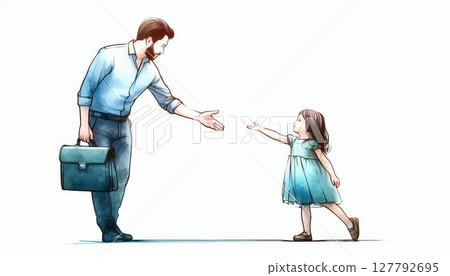 Father with briefcase reaching out to daughter in blue dress. Hand-drawn watercolor illustration symbolizing family, support, love, and connection 127792695