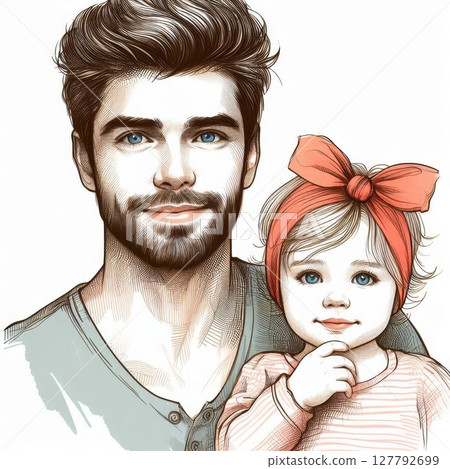 Smiling father with daughter in red headband. Digital hand-drawn portrait of happy family, parenthood, and bonding 127792699