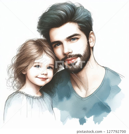 Smiling father with daughter in soft watercolor digital illustration. Hand-drawn family portrait showing love, bonding, and parenthood 127792700
