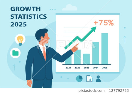 Flat vector illustration of businessman pointing at rising bar chart. Business growth, statistics, success, annual financial report 2025. Flat vector illustration of businessman pointing at rising bar chart. Business growth, statistics, success, annual financial report 2025. 127792733