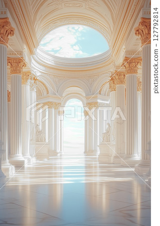 A majestic hall with a golden ancient Greek temple and blue sky. The perfect backdrop for luxury brand advertising. A majestic hall with a golden ancient Greek temple and blue sky. The perfect backdrop for luxury brand advertising. 127792814