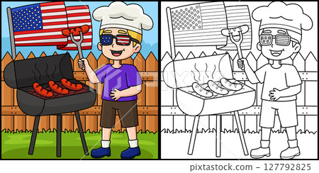 4th of July Cooking Hotdogs Coloring Illustration  127792825