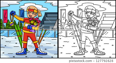 Female Biathlete Medal Bouquet Illustration Female Biathlete Medal Bouquet Illustration 127792828