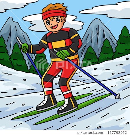 Biathlon Male Biathlete Skiing Colored Cartoon Biathlon Male Biathlete Skiing Colored Cartoon 127792952