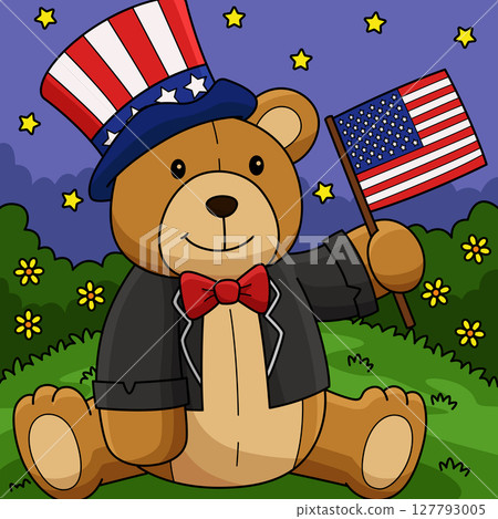 4th of July Teddy Bear US Flag Colored Cartoon 4th of July Teddy Bear US Flag Colored Cartoon 127793005