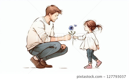 Father and daughter exchanging flowers. Watercolor illustration of love, bonding, gratitude, and family connection. Parenting and kindness concept 127793037