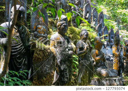 Buddhist statue group at Mitaki-Dera temple in Hiroshima, Japan 127793074