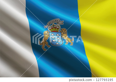 Canary Islands flag waving in the wind. autonomous community of Spain Canary Islands flag waving in the wind. autonomous community of Spain 127793195