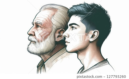 Old man and young man looking forward. Artistic hand-drawn illustration symbolizing generations, aging, wisdom, future, and life journey 127793260