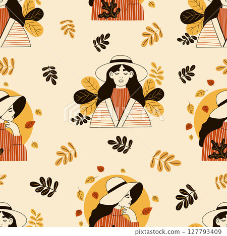 Autumn seamless pattern with Woman in hat on light Beige background with fall leaves. Vector autumnal illustration. Minimalist hand drawing for design, packaging, wallpaper and textile Autumn seamless pattern with Woman in hat on light Beige background with fall leaves. Vector autumnal illustration. Minimalist hand drawing for design, packaging, wallpaper and textile 127793409