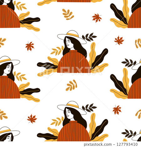 Seamless pattern with Autumn Woman in hat on white background with fall leaves. Vector autumnal illustration. Minimalist hand drawing for design, packaging, wallpaper and textile Seamless pattern with Autumn Woman in hat on white background with fall leaves. Vector autumnal illustration. Minimalist hand drawing for design, packaging, wallpaper and textile 127793410