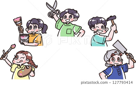 Illustration of children holding craft tools 127793414