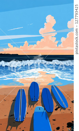 Four bright surfboards lean against each other on the sandy beach as the sun sets. Waves lap gently at the shore, while a colorful sky adds warmth to the coastal atmosphere Four bright surfboards lean against each other on the sandy beach as the sun sets. Waves lap gently at the shore, while a colorful sky adds warmth to the coastal atmosphere 127793425