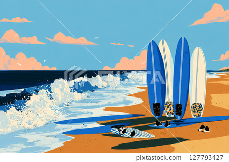 Four surfboards stand upright on the golden sand beside the ocean, with gentle waves rolling in under a clear sky filled with fluffy clouds. It is a perfect day for surfing 127793427