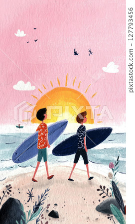 Two surfers stroll along the sandy shore, carrying their surfboards as the sun sets over the horizon, casting warm colors across the sky and sea 127793456