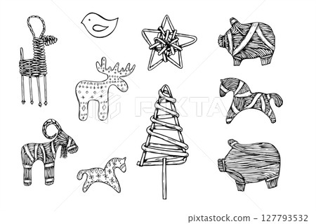Wicker and straw animals vector illustration clip art painted by black inks. Scandinavian Yule traditional moose, pig, deer, goat clip art. Xmas wooden toys graphic sketch for Nordic holiday decor. 127793532