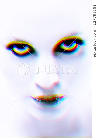 Beautiful and seductive looking woman close-up studio portrait in RGB color split effect style Beautiful and seductive looking woman close-up studio portrait in RGB color split effect style 127793582