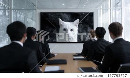 Business Professionals Viewing Presentation Featuring a Surprising Image of a White Cat 127793727