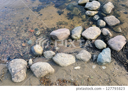 Stones on the shore of the lake. 127793823
