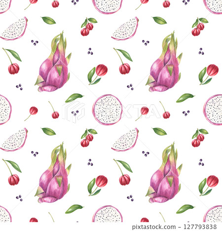 Dragon fruit with red berries watercolor seamless pattern isolated background. Pink pitahaya and red acerola ornate for summer textile, healthy juice labels, and tropical recipe book 127793838