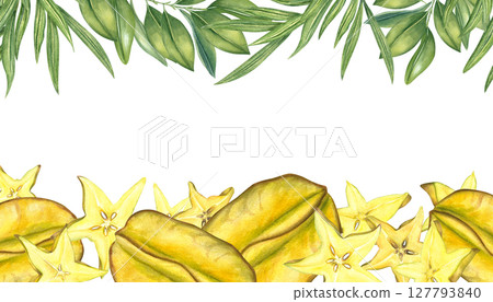 Watercolor starfruit, leaves horizontal watercolor frame isolated background. Tropical yellow carambola illustration with empty space for text. Template for food packaging, healthy lifestyle designs Watercolor starfruit, leaves horizontal watercolor frame isolated background. Tropical yellow carambola illustration with empty space for text. Template for food packaging, healthy lifestyle designs 127793840