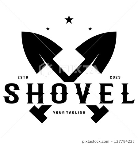 Shovel logo for agriculture, excavation,building, mining foundation. gardening vector set design with leaves Shovel logo for agriculture, excavation,building, mining foundation. gardening vector set design with leaves 127794225