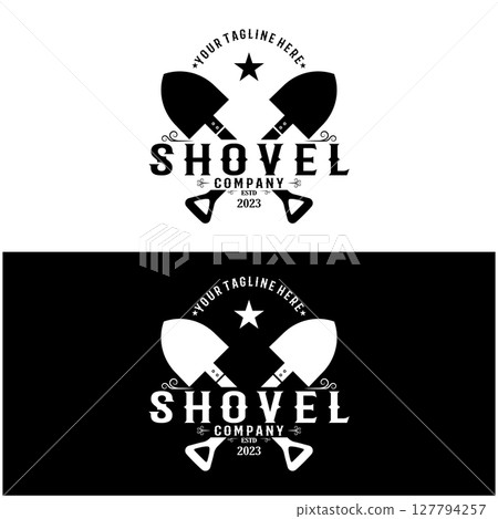 Shovel logo for agriculture, excavation,building, mining foundation. gardening vector set design with leaves 127794257
