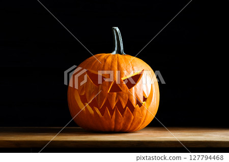Carved jack-o-lantern halloween pumpkin on wooden table 127794468