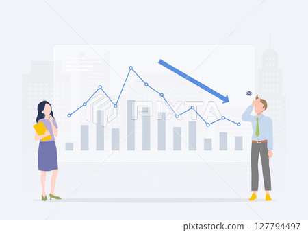 A downward graph showing declining sales and poor performance and a depressed businessman 127794497