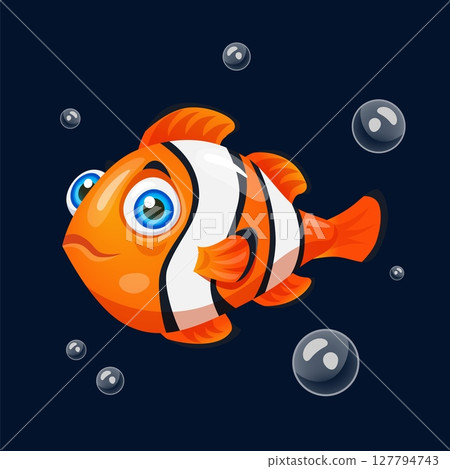 Cartoon fish. Underwater animal. Clown swimming in water. Undersea wildlife. Saltwater coral inhabitant. Ocean aquatic fauna. Aquarium goldfish. Clownfish swim with bubble. Vector marine character 127794743