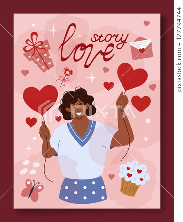 Valentine Day card. Love hearts. Happy woman with balloons. Romantic relationship. Amour letter envelope. Holiday gift. Dessert cake. Smiling cute girl. February celebration. Vector postcard design Valentine Day card. Love hearts. Happy woman with balloons. Romantic relationship. Amour letter envelope. Holiday gift. Dessert cake. Smiling cute girl. February celebration. Vector postcard design 127794744
