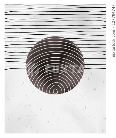 Poster abstract. Circle and lines minimalistic background. Watercolor wall art. Boho style design. Contemporary minimal artwork. Creative print or notebook cover. Black and white. Vector illustration Poster abstract. Circle and lines minimalistic background. Watercolor wall art. Boho style design. Contemporary minimal artwork. Creative print or notebook cover. Black and white. Vector illustration 127794747