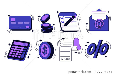 Finance icons. Banking element. Money symbols. Piggy bank. Invoice check. Credit card payment. Account calculator. Payment confirmation graphic. Letter envelope. Financial asset. Vector economic set Finance icons. Banking element. Money symbols. Piggy bank. Invoice check. Credit card payment. Account calculator. Payment confirmation graphic. Letter envelope. Financial asset. Vector economic set 127794755