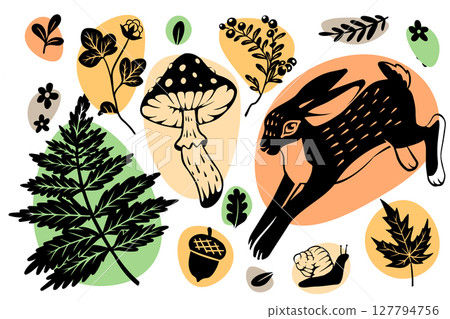 Autumn forest. Wild animal. Plant leaves. Hand drawn decorative natural design. Black silhouette hare. Mushrooms and oak acorns. Seasonal pattern of box product. Fern and berry. Vector elements set 127794756
