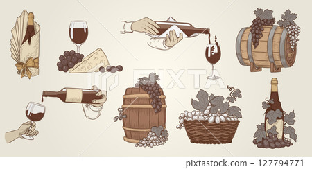 Wine glass. Bottle hand drawn sketch. Wooden barrel on vintage menu. Icon pub. Winery logo. Engraved vineyard. Pouring alcohol into wineglass. Vine leaves. Basket with berries. Vector bar background Wine glass. Bottle hand drawn sketch. Wooden barrel on vintage menu. Icon pub. Winery logo. Engraved vineyard. Pouring alcohol into wineglass. Vine leaves. Basket with berries. Vector bar background 127794771