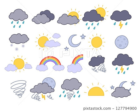 Weather icon. Climate forecast signs. Sunshine, rainbow, wind storm, cloud elements. Mon and wind. Thunderstorm sign. Meteorology design. Seasonal climate data sign. Vector cartoon style isolated set 127794900