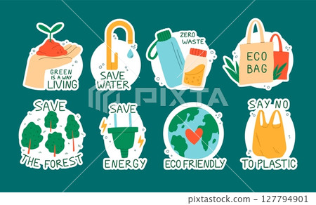 ECO sticker. Green living. Plant tree, conserve water. Ecology bags, forest preservation, energy efficiency. Earth care graphic symbols. Cartoon flat style isolated illustration. Vector icons set 127794901