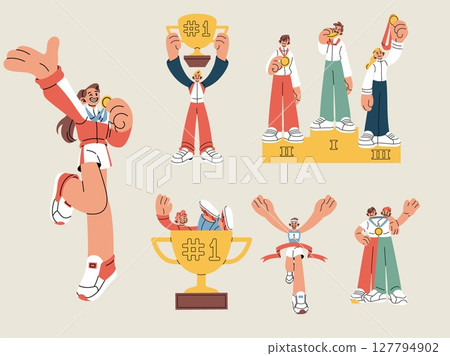 Victory gold trophy. Award medal set for winner. Concept happy young people hold cup prize, champions first place in sport and business competition. Successful team with goblet. Vector illustration Victory gold trophy. Award medal set for winner. Concept happy young people hold cup prize, champions first place in sport and business competition. Successful team with goblet. Vector illustration 127794902