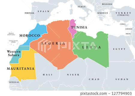 Maghreb, multi colored political map. Also known as Arab Maghreb, and Northwest Africa, a region including Algeria, Libya, Mauritania, Morocco, Tunisia, and the disputed territory of Western Sahara. Maghreb, multi colored political map. Also known as Arab Maghreb, and Northwest Africa, a region including Algeria, Libya, Mauritania, Morocco, Tunisia, and the disputed territory of Western Sahara. 127794903