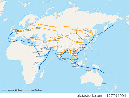 New Silk Road, map of the Belt and Road Economic Corridor and its pathway cities. The Belt and Road Initiative, a global infrastructure development strategy adopted by the government of China in 2013. 127794904