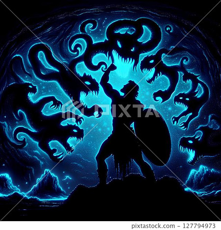 phosphorescent scene of hercules facing the hydra 127794973
