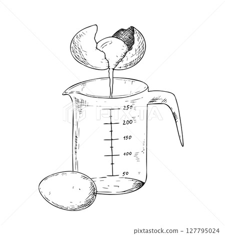 Vector Raw egg cracked into a clear plastic measuring cup in a kitchen setting. Graphic hand drawn golden yolk and transparent whites captured in clean food preparation. Illustration isolated on Vector Raw egg cracked into a clear plastic measuring cup in a kitchen setting. Graphic hand drawn golden yolk and transparent whites captured in clean food preparation. Illustration isolated on 127795024