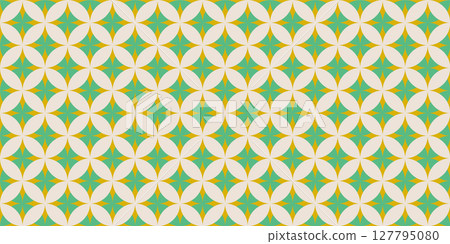 Trendy groovy geometric seamless pattern with round silhouettes, curved lines, triangles, circles, lattice, grid. Abstract minimal flat vintage background. Repeated texture in psychedelic style.Vector 127795080
