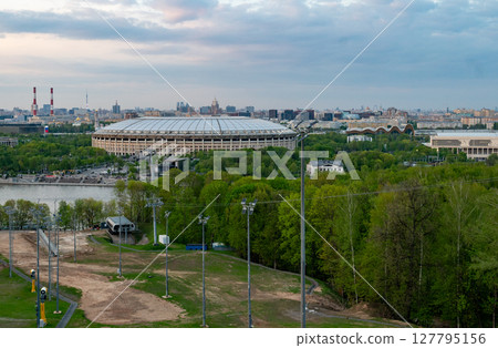 View of the Luzhniki Stadium Sports Complex from the observation deck on Vorobyovy Gory. 127795156
