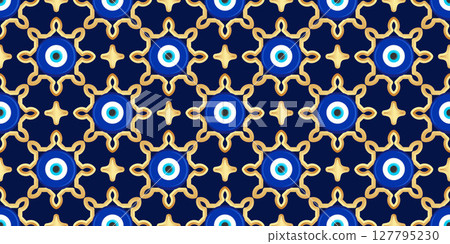 Evil eye seamless pattern. Turkish vector background with blue beads and magic nazar. Mystic Greek amulet is the symbol of protection and luck. Arabic and Mediterranean ethnic wallpaper Evil eye seamless pattern. Turkish vector background with blue beads and magic nazar. Mystic Greek amulet is the symbol of protection and luck. Arabic and Mediterranean ethnic wallpaper 127795230