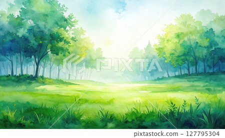 Watercolor illustration of lush forest and grassland 127795304