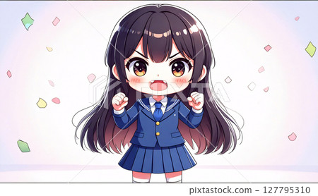 Illustration of a cute girl celebrating with a fist pump [Image of joy and celebration] 127795310