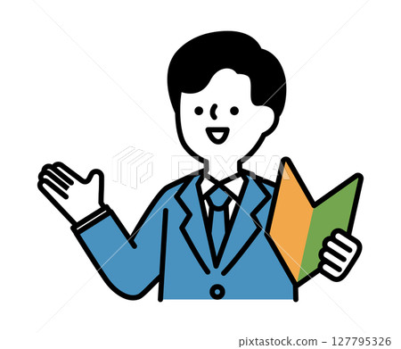 Vector illustration of a man in a suit smiling and talking while holding a beginner's mark Vector illustration of a man in a suit smiling and talking while holding a beginner's mark 127795326