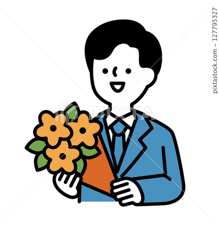 Vector illustration of a smiling man in a suit holding a bouquet Vector illustration of a smiling man in a suit holding a bouquet 127795327