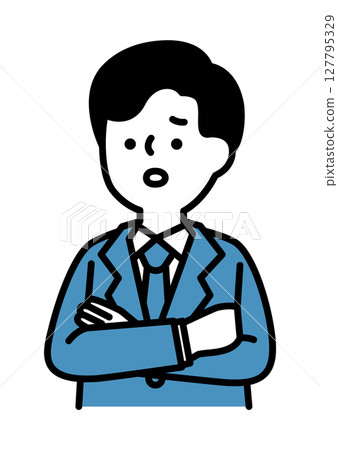Vector illustration of a male business person with folded arms and a troubled face Vector illustration of a male business person with folded arms and a troubled face 127795329